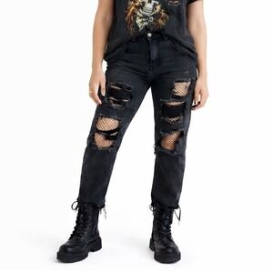 PrettyLittleThing Grunge Distressed Jeans Black High Rise Goth Streetwear Size 8